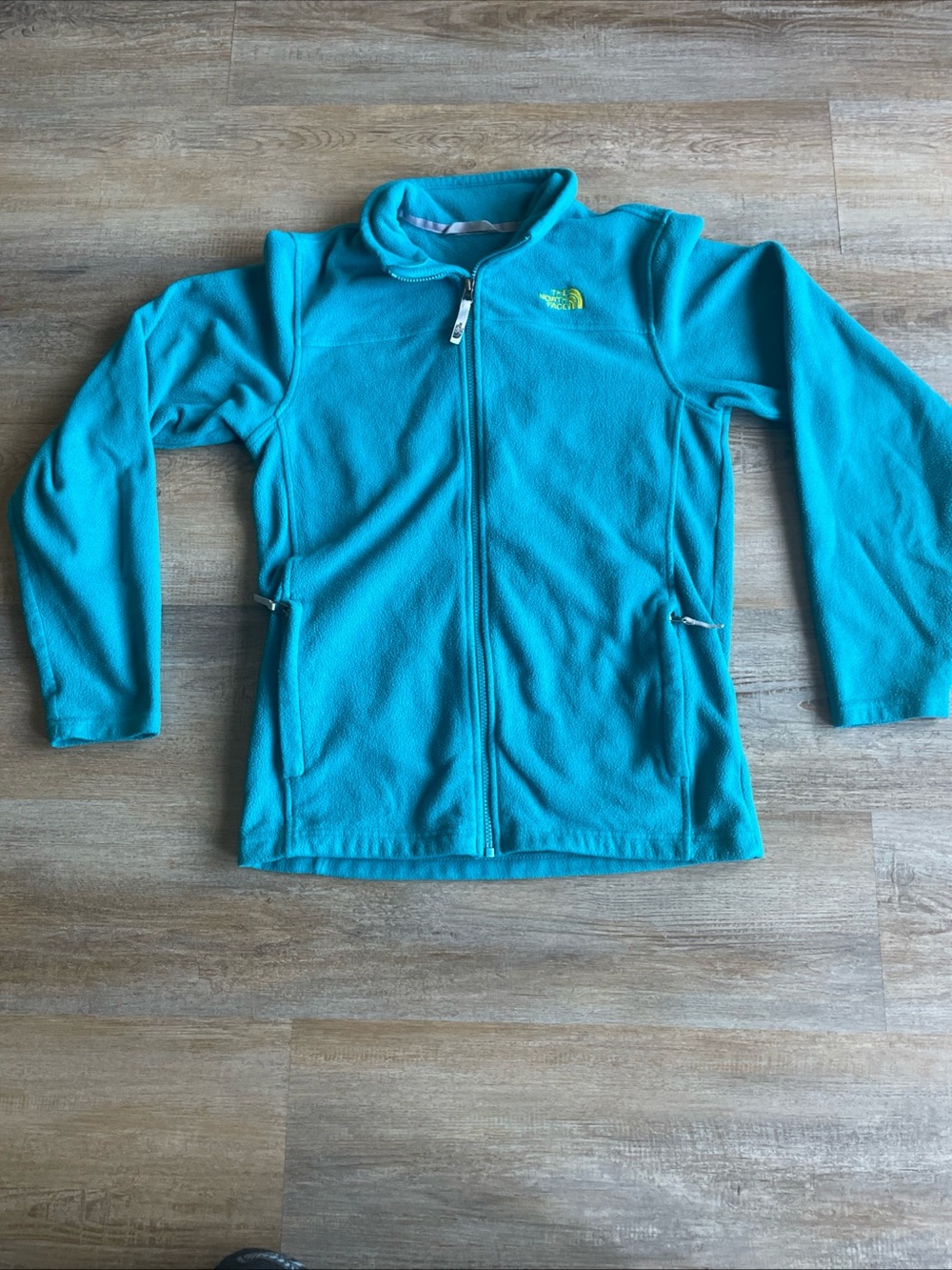 The North Face Boys XL 18/20 Teal Full Zip Fleece Jacket Neon Logo